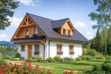 Projekt domu A-133 Dom jaśminowa - szkieletowy - parterowy z poddaszem dom o powierzchni 107,60 m², dach dwuspadowy, koszt budowy 258 240 zł - ujęcie frontu