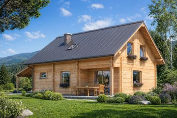 Projekt domu A-135 Dom zajęcza - z bali - parterowy z poddaszem dom o powierzchni 150,40 m², dach dwuspadowy, koszt budowy 483 280 zł - ujęcie frontu