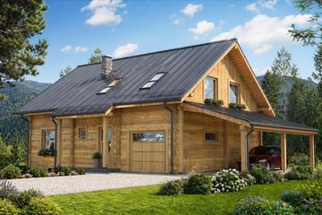 Projekt domu A-135 Dom zajęcza - z bali - parterowy z poddaszem dom o powierzchni 150,40 m², dach dwuspadowy - ujęcie 2
