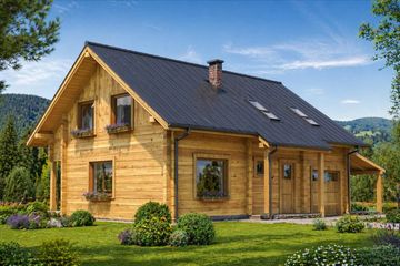 Projekt domu A-135 Dom zajęcza - z bali - parterowy z poddaszem dom o powierzchni 150,40 m², dach dwuspadowy - ujęcie 3