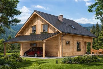 Projekt domu A-135 Dom zajęcza - z bali - parterowy z poddaszem dom o powierzchni 150,40 m², dach dwuspadowy - ujęcie 4