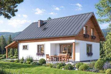 Projekt domu A-135 Dom zajęcza - szkieletowy - parterowy z poddaszem dom o powierzchni 153,90 m², dach dwuspadowy, koszt budowy 424 320 zł - ujęcie frontu
