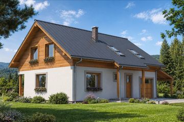 Projekt domu A-135 Dom zajęcza - szkieletowy - parterowy z poddaszem dom o powierzchni 153,90 m², dach dwuspadowy - ujęcie 2