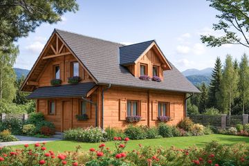 Projekt domu A-133 Dom jaśminowa - z bali - parterowy z poddaszem dom o powierzchni 104,30 m², dach dwuspadowy, koszt budowy 292 040 zł - ujęcie frontu