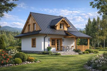Projekt domu A-136 Dom zachodnia - szkieletowy - parterowy z poddaszem dom o powierzchni 59 m², dach dwuspadowy, koszt budowy 141 600 zł - ujęcie frontu