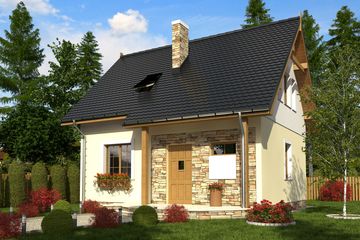 Projekt domu Emilka bez garażu [B] - parterowy z poddaszem dom o powierzchni 67,40 m², dach dwuspadowy, koszt budowy 176 000 zł - ujęcie frontu