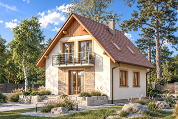 Projekt domu Domek Mały (004 ES) - parterowy z poddaszem dom o powierzchni 84 m², dach dwuspadowy - ujęcie frontu