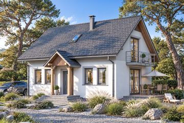 Projekt domu Domek Lipowy (020 JK V3) - parterowy z poddaszem dom o powierzchni 97,01 m², dach dwuspadowy - ujęcie frontu