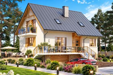 Projekt domu BW-18 wariant (podpiwniczony - parterowy z poddaszem dom o powierzchni 124,40 m², dach dwuspadowy, koszt budowy 337 000 zł - ujęcie frontu