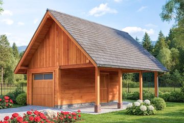 Projekt garażu G-4 z bali - parterowy dom o powierzchni 21,90 m², dach dwuspadowy - ujęcie frontu