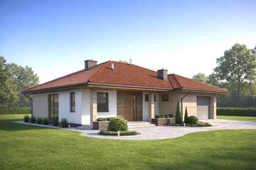 Projekt domu TK5A - parterowy dom o powierzchni 125,08 m², dach kopertowy, koszt budowy 367 000 zł - ujęcie frontu