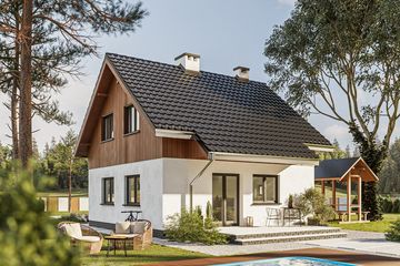 Projekt domu Groszek (1513) - parterowy z poddaszem dom o powierzchni 74,20 m², dach dwuspadowy, koszt budowy 196 000 zł - ujęcie frontu