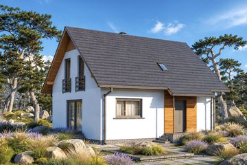 Projekt domu Domek Nieduży MINI (010 ES MINI) - parterowy z poddaszem dom o powierzchni 95 m², dach dwuspadowy - ujęcie frontu