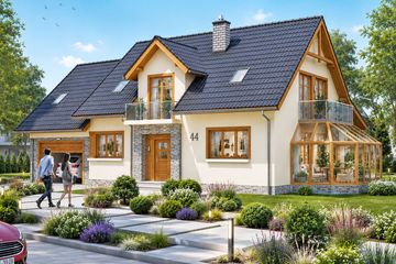 Projekt domu BW-44 wariant 2 - parterowy z poddaszem dom o powierzchni 143 m², dach dwuspadowy, koszt budowy 369 000 zł - ujęcie frontu