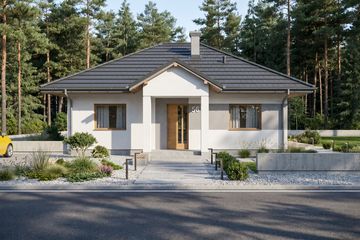 Projekt domu Modestus I - parterowy dom o powierzchni 58,02 m², dach kopertowy, koszt budowy 189 000 zł - ujęcie frontu