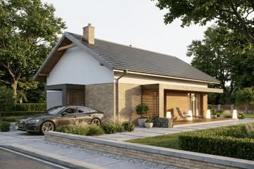 Projekt domu Humilis I - parterowy dom o powierzchni 69,14 m², dach dwuspadowy, koszt budowy 209 000 zł - ujęcie frontu