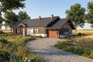 Projekt domu Angustus I G1 - parterowy dom o powierzchni 91,44 m², dach dwuspadowy, koszt budowy 296 000 zł - ujęcie frontu