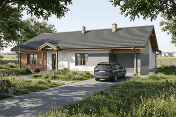 Projekt domu Angustus I G2 - parterowy dom o powierzchni 91,44 m², dach dwuspadowy, koszt budowy 303 000 zł - ujęcie frontu