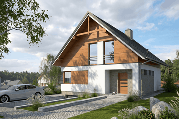 Projekt domu Carus I PG1 - parterowy z poddaszem dom o powierzchni 123,29 m², dach dwuspadowy, koszt budowy 321 000 zł - ujęcie frontu