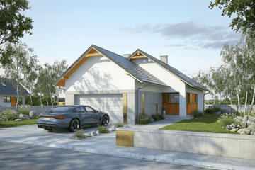 Projekt domu Longus I G2 - parterowy z poddaszem dom o powierzchni 124,11 m², dach dwuspadowy, koszt budowy 327 000 zł - ujęcie frontu