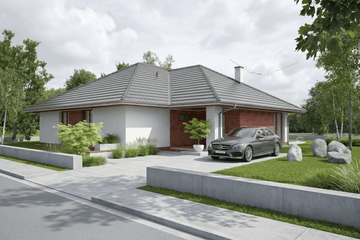 Projekt domu Validus I P - parterowy dom o powierzchni 141,54 m², dach wielospadowy, koszt budowy 479 000 zł - ujęcie frontu