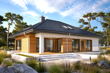 Projekt domu Marcel - parterowy dom o powierzchni 135,65 m², dach kopertowy, koszt budowy 411 000 zł - ujęcie frontu