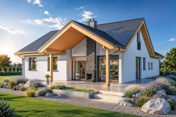 Projekt domu Simon 01 (dwulokalowy) - parterowy dom o powierzchni 159,48 m², dach dwuspadowy, koszt budowy 266 672 zł - ujęcie frontu