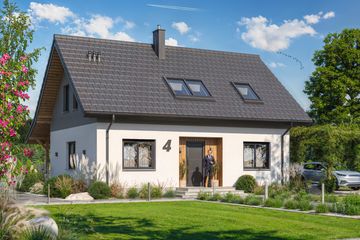 Projekt domu Amor - parterowy z poddaszem dom o powierzchni 117,31 m², dach dwuspadowy, koszt budowy 302 000 zł - ujęcie frontu