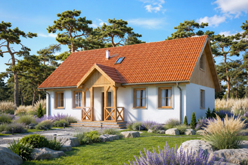 Projekt domu Domek na Podlaskiej (017 ES) - parterowy z poddaszem dom o powierzchni 107,58 m², dach dwuspadowy - ujęcie frontu