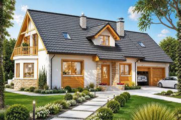 Projekt domu BW-27 wariant 3 - parterowy z poddaszem dom o powierzchni 139,90 m², dach dwuspadowy, koszt budowy 355 000 zł - ujęcie frontu
