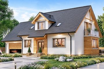 Projekt domu BW-27 wariant 2 - parterowy z poddaszem dom o powierzchni 143,40 m², dach dwuspadowy, koszt budowy 375 000 zł - ujęcie frontu