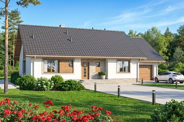 Projekt domu Mokka 5 - parterowy dom o powierzchni 104,88 m², dach dwuspadowy, koszt budowy 292 000 zł - ujęcie frontu