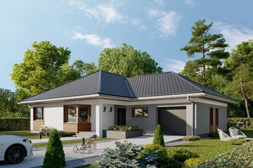 Projekt domu Kamelia (1563) - parterowy dom o powierzchni 140,50 m², dach kopertowy, koszt budowy 413 000 zł - ujęcie frontu