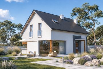 Projekt domu eko Typowy 1 - parterowy z poddaszem dom o powierzchni 125,70 m², dach dwuspadowy, koszt budowy 322 000 zł - ujęcie frontu