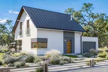 Projekt domu eko Typowy 11 - parterowy z poddaszem dom o powierzchni 168,47 m², dach dwuspadowy, koszt budowy 438 000 zł - ujęcie frontu