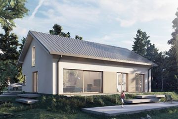 Projekt domu eko Typowy 20 - parterowy dom o powierzchni 120,90 m², dach dwuspadowy, koszt budowy 371 000 zł - ujęcie frontu
