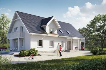 Projekt domu eko Typowy 21 - parterowy z poddaszem dom o powierzchni 202,53 m², dach dwuspadowy - ujęcie frontu