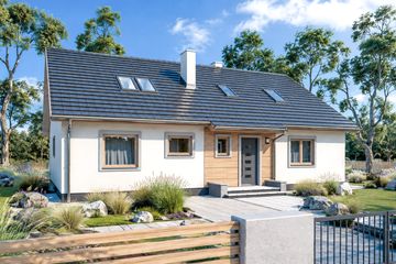 Projekt domu Katia b1g - parterowy z poddaszem dom o powierzchni 187 m², dach dwuspadowy, koszt budowy 506 000 zł - ujęcie frontu