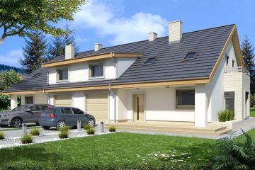 Projekt domu Jaś A - bliźniak PLP - parterowy z poddaszem dom o powierzchni 143,50 m², dach dwuspadowy - ujęcie frontu