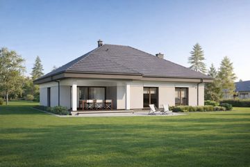 Projekt domu TK71 - parterowy dom o powierzchni 164,07 m², dach kopertowy, koszt budowy 479 000 zł - ujęcie frontu