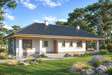Projekt domu Fiona - parterowy dom o powierzchni 103,60 m², dach kopertowy, koszt budowy 293 000 zł - ujęcie frontu