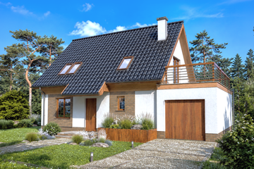 Projekt domu Mona wersja B - parterowy z poddaszem dom o powierzchni 104,60 m², dach dwuspadowy, koszt budowy 135 000 zł - ujęcie frontu