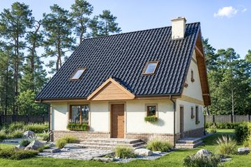 Projekt domu Sara - parterowy z poddaszem dom o powierzchni 134 m², dach dwuspadowy, koszt budowy 344 000 zł - ujęcie frontu