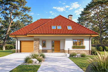 Projekt domu Syntia wersja B - parterowy z poddaszem dom o powierzchni 178,80 m², dach kopertowy, koszt budowy 465 000 zł - ujęcie frontu