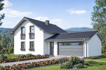 Projekt domu A-142 Dom lawendowa - szkieletowy - parterowy z poddaszem dom o powierzchni 115,30 m², dach dwuspadowy, koszt budowy 362 400 zł - ujęcie frontu
