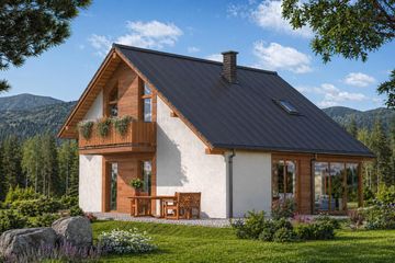 Projekt domu A-141 Dom topolowa - szkieletowy - parterowy z poddaszem dom o powierzchni 125,60 m², dach dwuspadowy - ujęcie 2