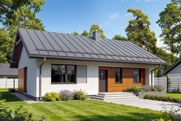 Projekt domu Loro - parterowy dom o powierzchni 84,13 m², dach dwuspadowy, koszt budowy 224 000 zł - ujęcie frontu