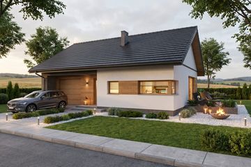 Projekt domu Compressus I g1 - parterowy dom o powierzchni 112,61 m², dach dwuspadowy, koszt budowy 318 000 zł - ujęcie frontu