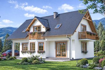 Projekt domu A-144 Dom słoneczna - szkieletowy - parterowy z poddaszem dom o powierzchni 159,40 m², dach dwuspadowy, koszt budowy 381 600 zł - ujęcie frontu