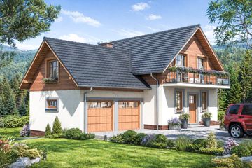 Projekt domu A-147 Dom sowia - szkieletowy - parterowy z poddaszem dom o powierzchni 140,50 m², dach dwuspadowy, koszt budowy 415 200 zł - ujęcie frontu